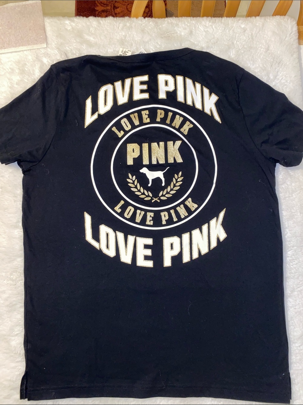 PINK Victoria's Secret Black Short Sleeve Tee with Gold and White Graphic